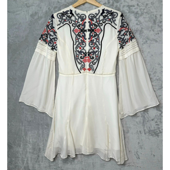 Parker Mini Dress Womens Small Ivory Silk Embroidered Boho Bell Sleeve Keyhole - Picture 2 of 14